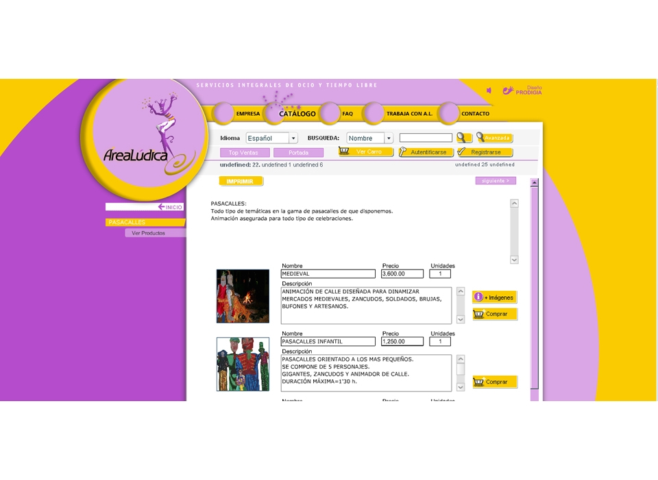 Sección "Catálogo" - Sitio Web Área Lúdica